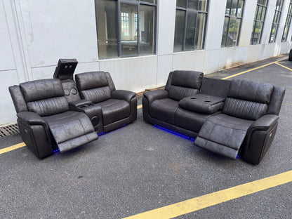 Pre Order Promo Deal! Geneva Charcoal Grey Easy Clean Suede Fabric 3 Seater + 2 Seater With Tech Console + Armchair Set