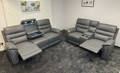 Donald Grey Leather Electric / Power Reclining 3 Seater + 2 Seater Sofa Suite Set With Drinks Coolers USB Charging Ports & Drop Down Tray Table