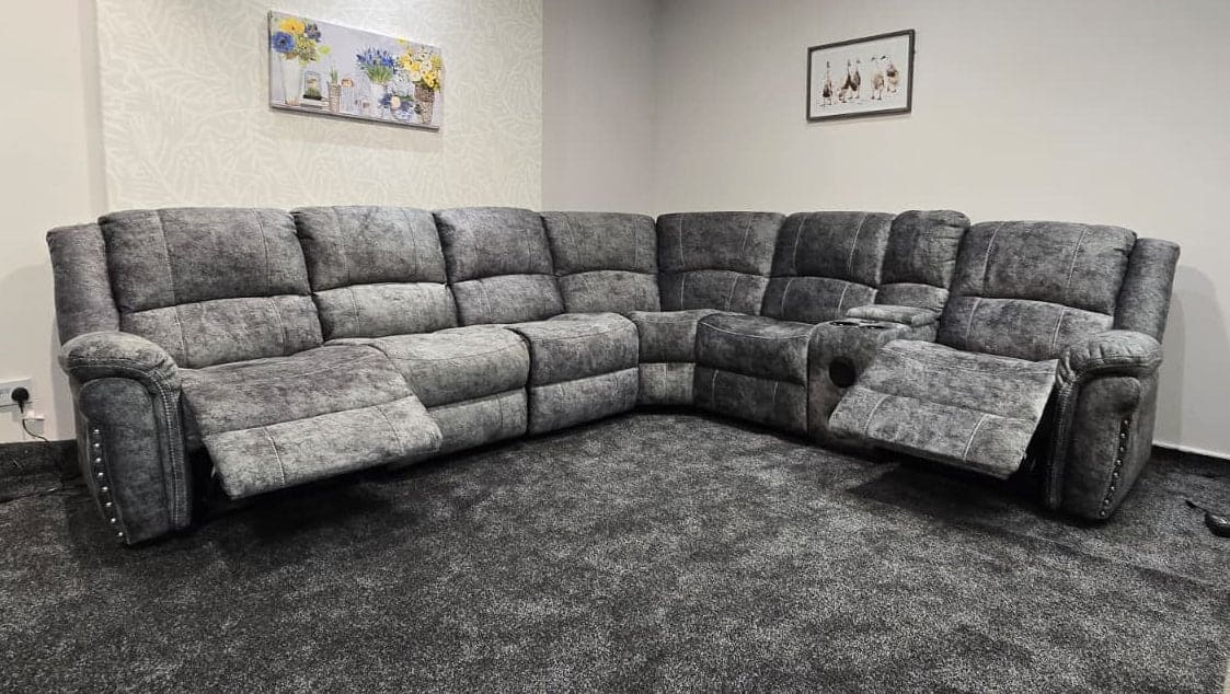 GALAXY Grey Plush Velvet Fabric Electric Reclining 3C2C Corner Sofa, Drinks Coolers & USB Ports