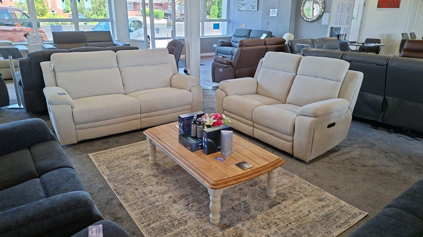 DFS Barratt Clearance Package -  Electric Reclining 3 Seater + 2 Seater Sofa Set in Ivory Fabric With USB Charging Ports
