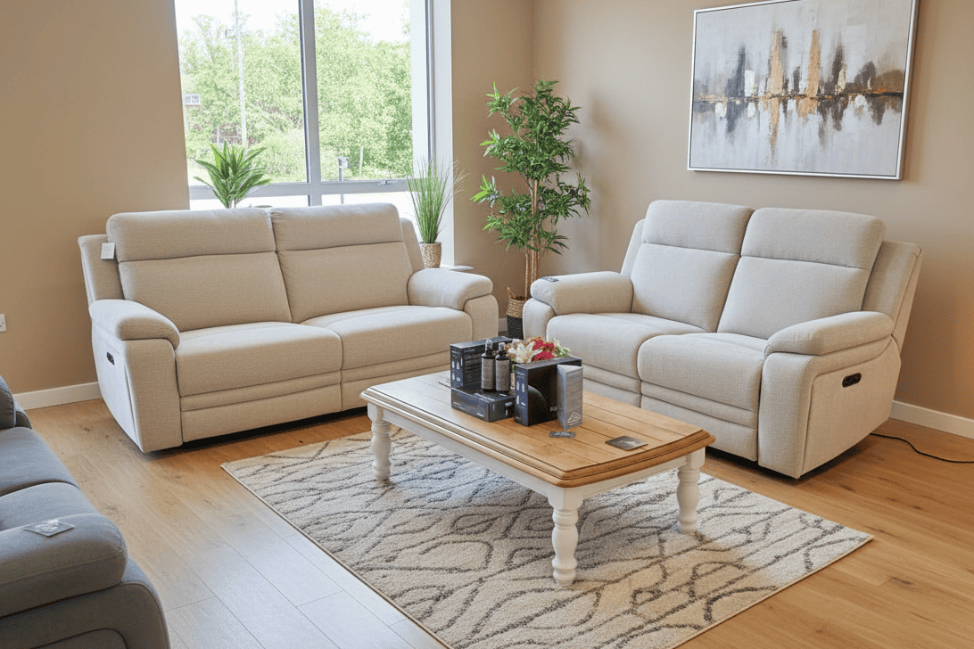 DFS Barratt Clearance Package -  Electric Reclining 3 Seater + 2 Seater Sofa Set in Ivory Fabric With USB Charging Ports