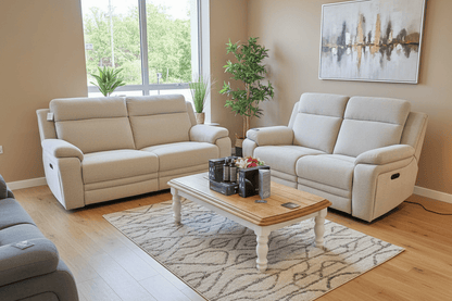 DFS Barratt Clearance Package -  Electric Reclining 3 Seater + 2 Seater Sofa Set in Ivory Fabric With USB Charging Ports