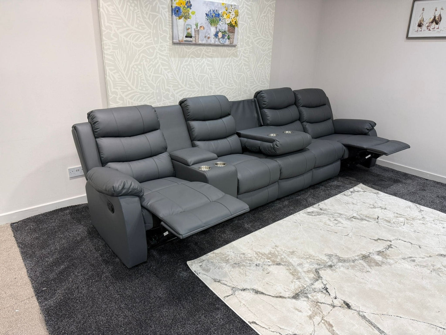 Lando Grey Leather 5 Seater Sofa With Drinks Console | Fold Down Tray Table, High Headrest & Seating Position Couch