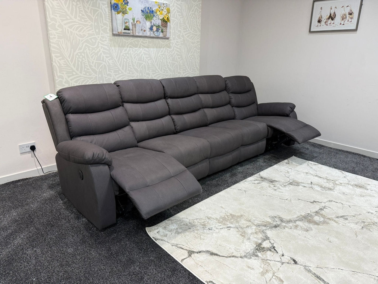 Willow Grey Easy Clean Fabric 5 Seater Sofa | 2 x Fold Down Tray Table, High Headrest & Seating Position Couch