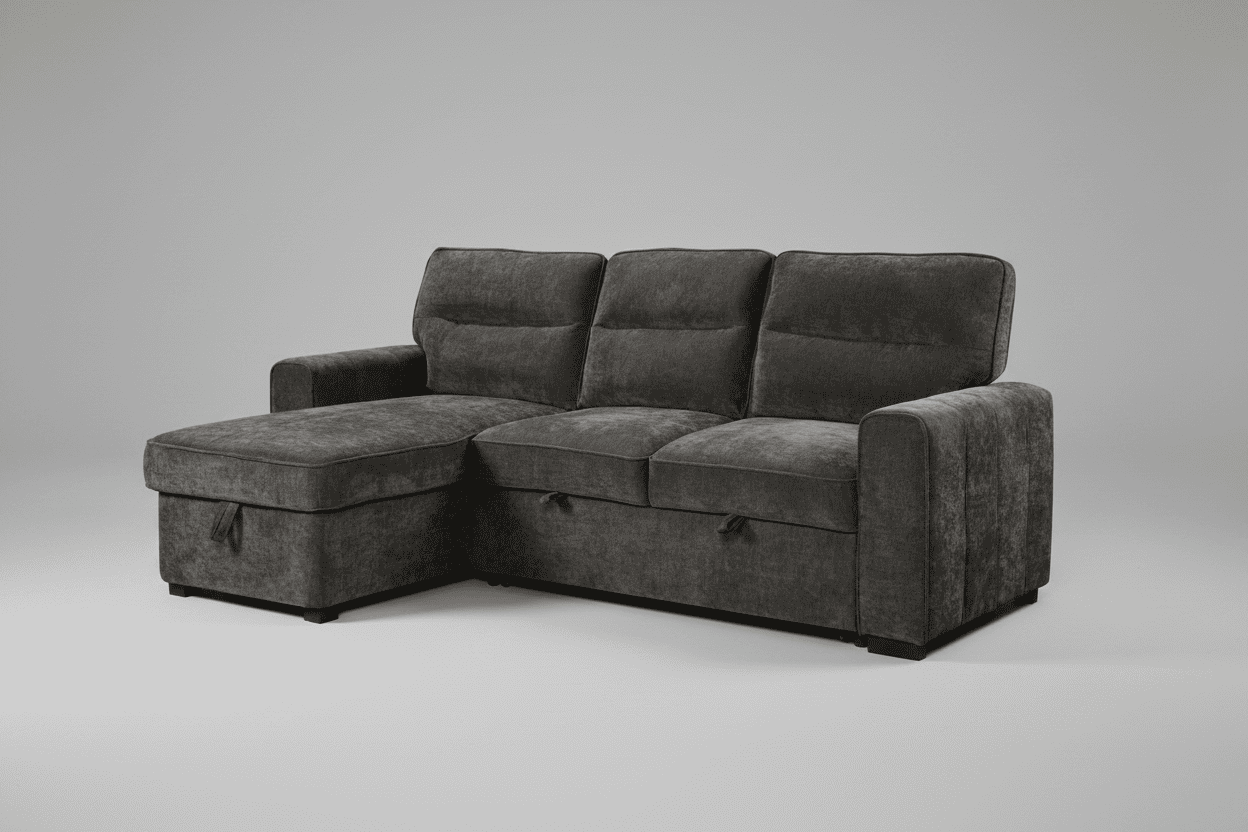 (Back in stock 15th August) 'Lionel' Charcoal Grey Fabric Left Hand Facing Corner Sofa Bed With Storage