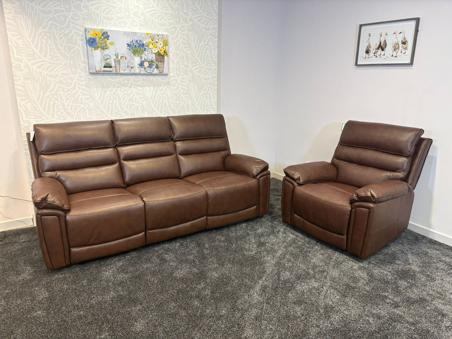 Donald Brown Leather Electric / Power Reclining Sofa Range Suite Set With USB Charging Ports & Drop Down Tray Table