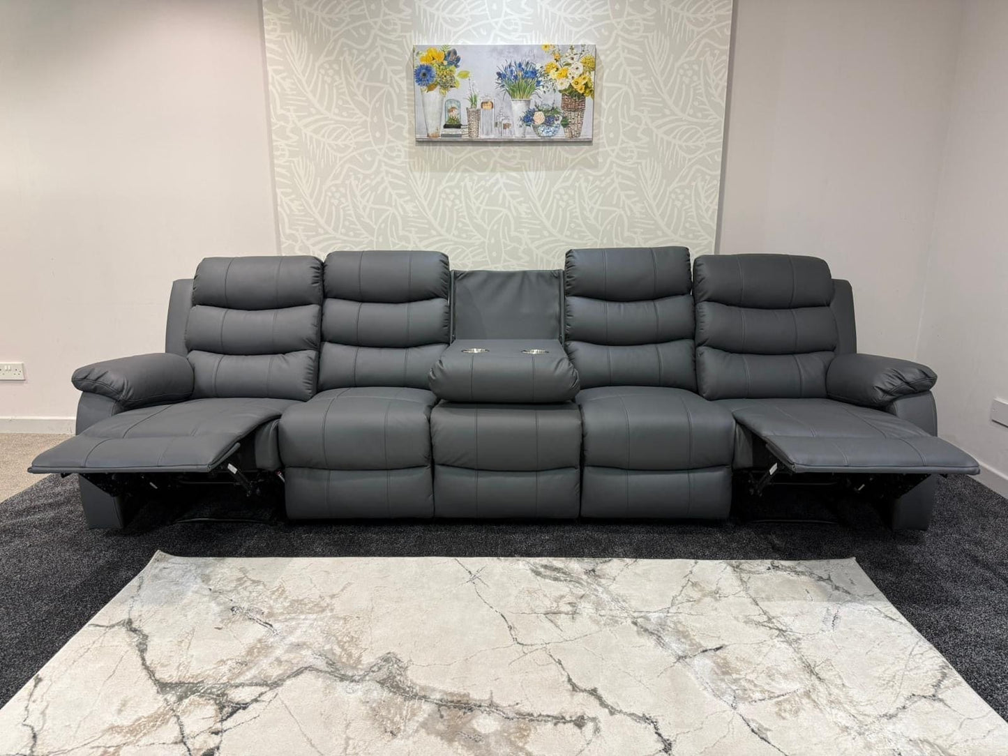 Lando Grey Leather 5 Seater Sofa | Fold Down Tray Table, High Headrest & Seating Position Couch