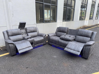 (Pre Order Promo Deal!) Geneva Mid Grey Easy Clean Suede Fabric 3 Seater + 2 Seater With Tech Console + Armchair Set | Online Only