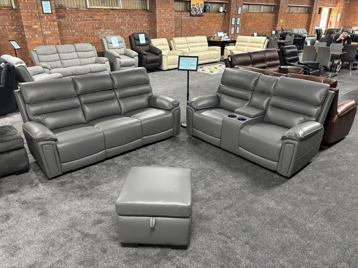 Donald Grey Leather Electric / Power Reclining 3 Seater + 2 Seater + Storage Footstool Sofa Suite Set With Drinks Coolers USB Charging Ports & Drop Down Tray Table