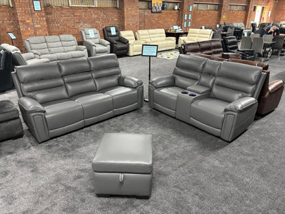 Donald Grey Leather Electric / Power Reclining 3 Seater + 2 Seater + Storage Footstool Sofa Suite Set With Drinks Coolers USB Charging Ports & Drop Down Tray Table