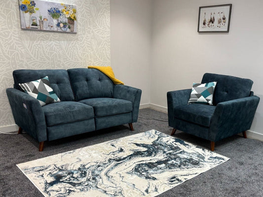 DFS Electric Recliner Ocean / Blue Plush Velvet Fabric 2 Seater Sofa + armchair