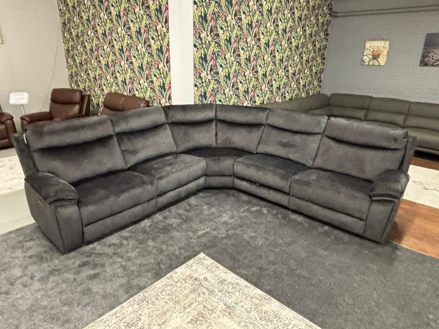 "Trek" Grey Plush Fabric Power Recliner Corner Sofa With USB Charging Ports, Drinks Cooling Cup Holders Plus Many More Modern Features