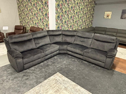 "Trek" Grey Plush Fabric Power Recliner Corner Sofa With USB Charging Ports, Drinks Cooling Cup Holders Plus Many More Modern Features