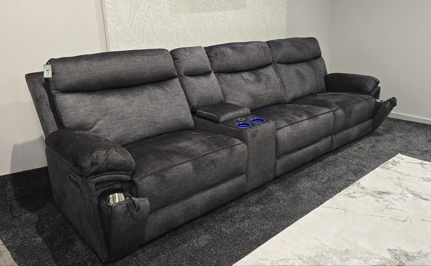 "Xavier" Reversible 5 Seater Cinema Sofa Grey Plush Fabric With Power Recliners, USB Charging Ports, Wireless Charging & Drinks Cooling Cup Holders. Laf + RAF + Armless + Tech Console