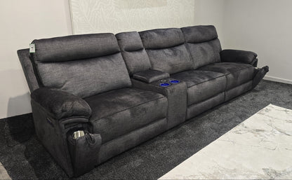 "Xavier" Reversible 5 Seater Cinema Sofa Grey Plush Fabric With Power Recliners, USB Charging Ports, Wireless Charging & Drinks Cooling Cup Holders. Laf + RAF + Armless + Tech Console