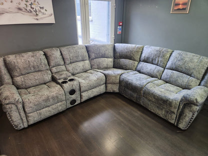 GALAXY Grey Plush Velvet Fabric Electric Reclining 2C2C Corner Sofa | Cooling Cupholders & USB Ports