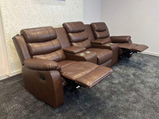 Lando Recliner Brown Leather 3 Seater + 2 Console Sofa