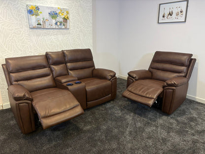 Donald Brown Leather Electric / Power Reclining Sofa Range Suite Set With USB Charging Ports & Drop Down Tray Table