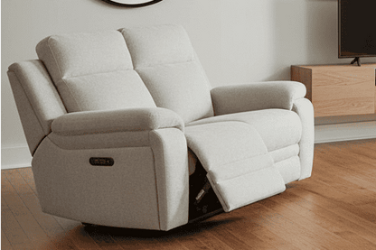 "Barre" Electric Reclining Ivory Fabric 2 Seater Sofa - USB Charging Ports