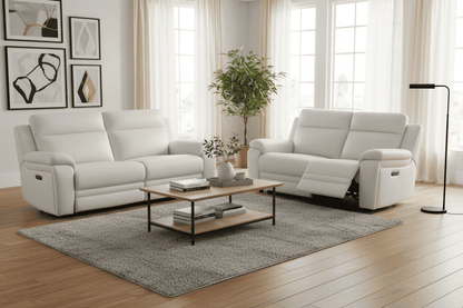 "Barre" Electric Reclining 3 Seater + 2 Seater Sofa Set in Ivory Fabric With USB Charging Ports
