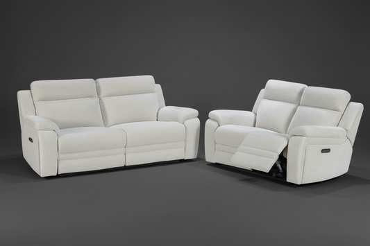 "Barre" Electric Reclining Cream / Oatmeal Fabric Sofa Set - USB Charging Ports