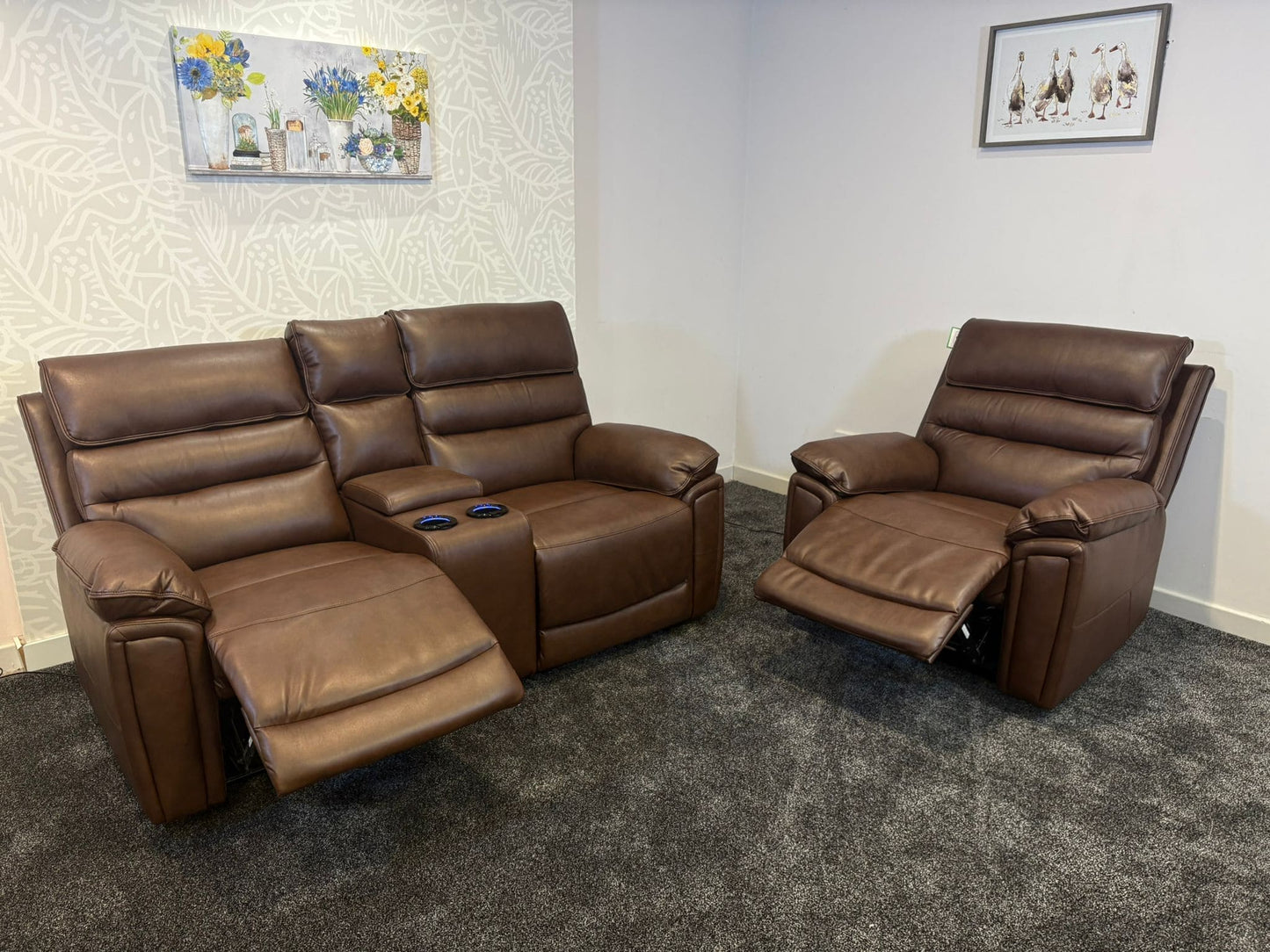 Donald Brown Leather Electric / Power Reclining Sofa Range Suite Set With USB Charging Ports & Drop Down Tray Table