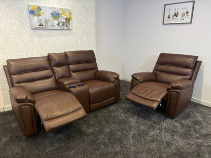 Donald Brown Leather Electric / Power Reclining Sofa Range Suite Set With USB Charging Ports & Drop Down Tray Table