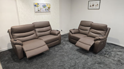 "Bertie" Brown Leather Electric Reclining Massage 3 Seater + 2 Seater Sofa Set With Power Headrests & USB Charging Ports For Ultimate Comfort