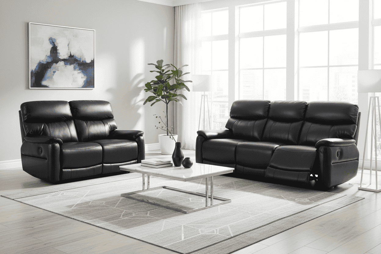 DFS Black Milano Leather Electric / Power Reclining 3 Seater + 2 Seater Sofa Suite Set With USB Charging Ports & Drop Down Tray Table