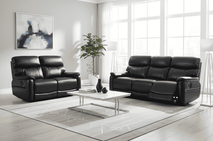 DFS Black Milano Leather Electric / Power Reclining 3 Seater + 2 Seater Sofa Suite Set With USB Charging Ports & Drop Down Tray Table