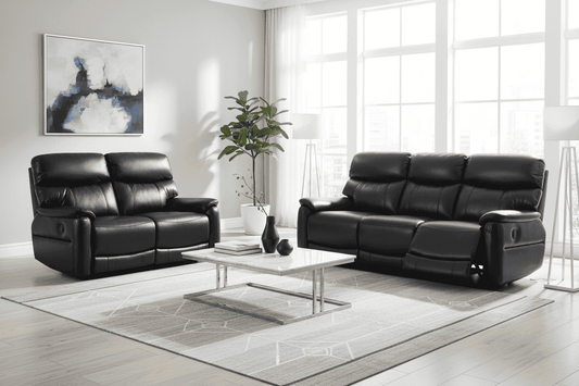 DFS Black Milano Leather Electric / Power Reclining 3 Seater + 2 Seater Sofa Suite Set With USB Charging Ports & Drop Down Tray Table