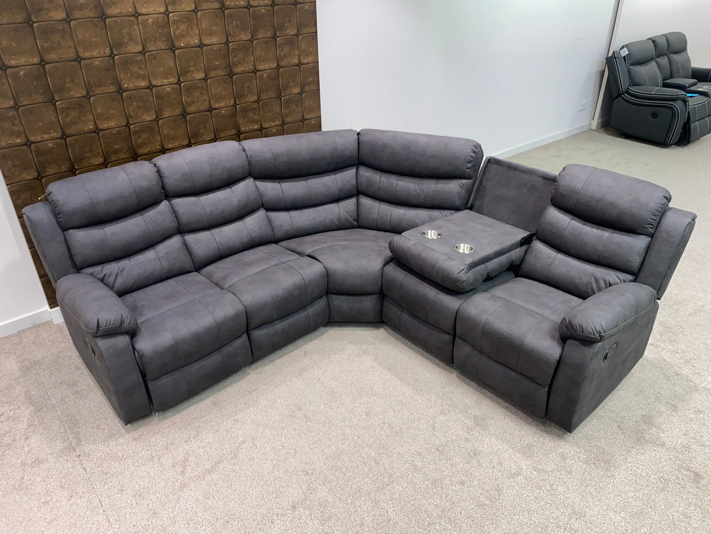 "Willow" Dark Grey Easy Clean Fabric 2C2 MANUAL Recliner Modular Corner Sofa | Drinks Tray Table