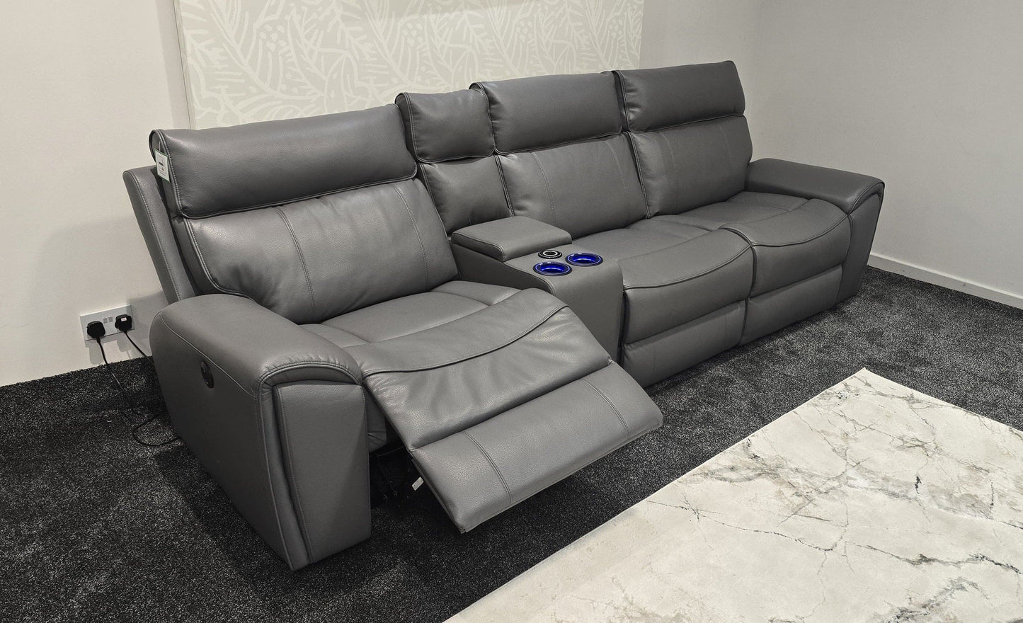"Ronan" Reversible Cinema 5 Seater Sofa In Milano Grey Leather & With Electric Recliners, Drinks Coolers, Wireless Charging & Storage. Laf + Raf + Armless Tech Console