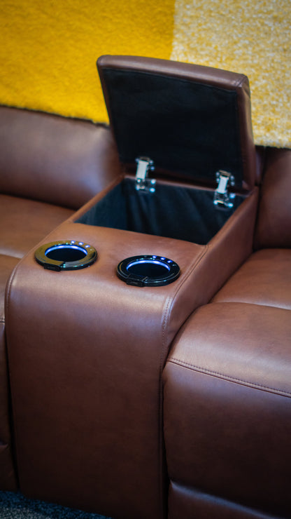Donald Brown Leather Electric / Power Reclining 3 Seater + 2 Seater Sofa Set With USB Charging Ports & Drop Down Tray Table