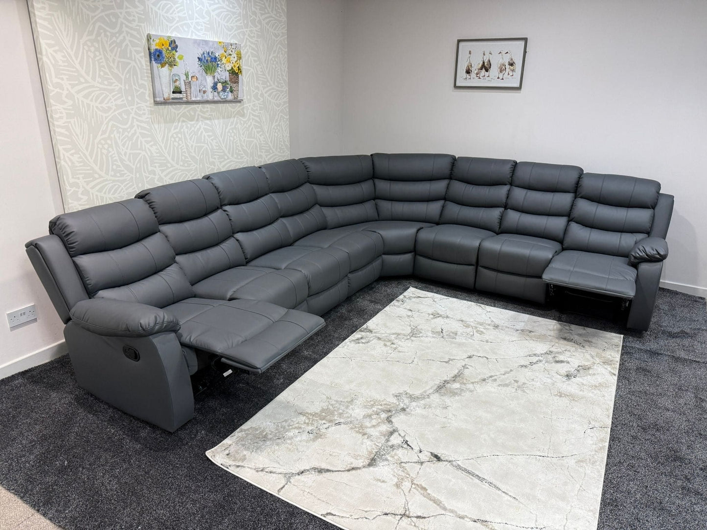"Lando" Grey Leather 4C3 Recliner Corner Sofa Reversible | 2 x Drinks Tray Tables | Modular