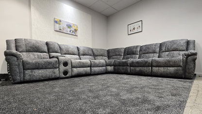 GALAXY Grey Plush Velvet Fabric Electric Reclining 3C3C Corner Sofa | Cooling Cupholders & USB Ports