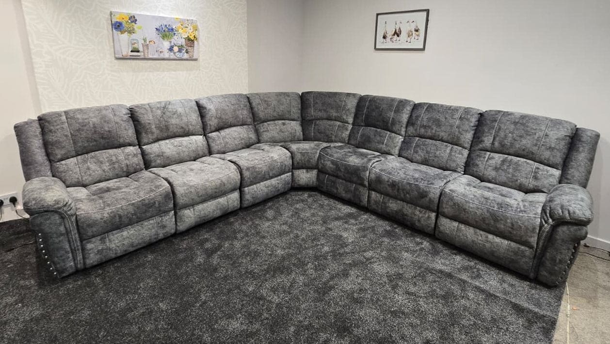 GALAXY Grey Plush Velvet Fabric Electric Reclining 3C3 Corner Sofa & USB Ports