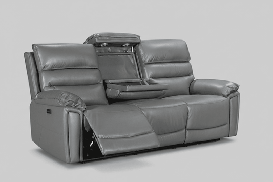 'SPECIAL OFFER' DFS Lawson Grey Leather Electric Reclining 3 Seater + 2 Seater + Armchair Sofa Set With USB Charging Ports & Drop Down Tray Table With Reading Lights