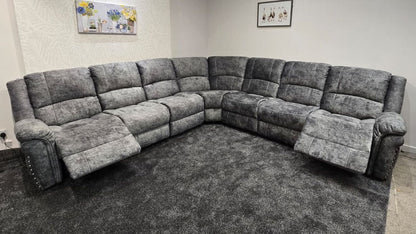 GALAXY Grey Plush Velvet Fabric Electric Reclining 3C3 Corner Sofa & USB Ports