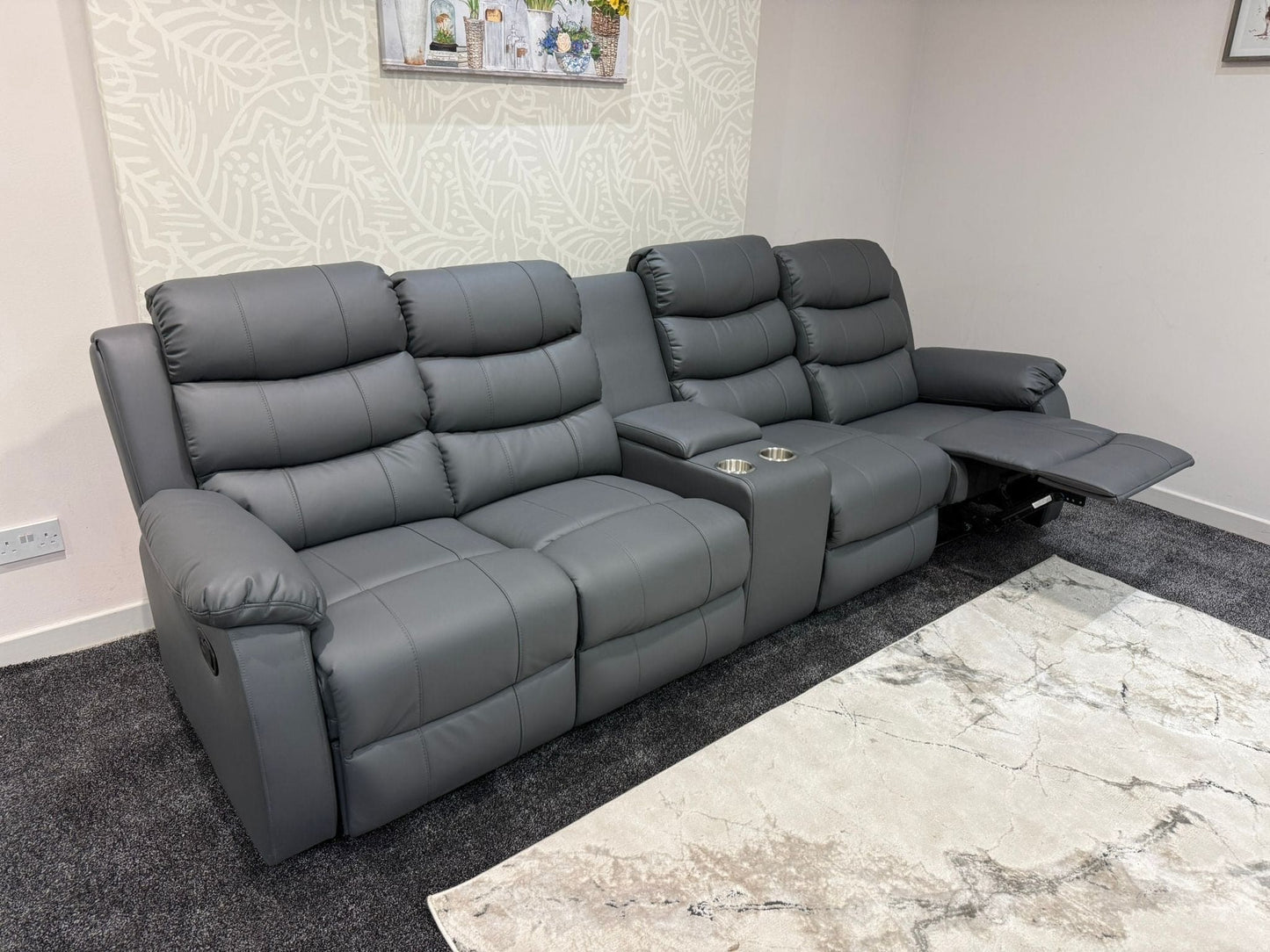 Lando Grey Leather 4 Seater Sofa With Drinks Console | Fold Down Tray Table, High Headrest & Seating Position Couch