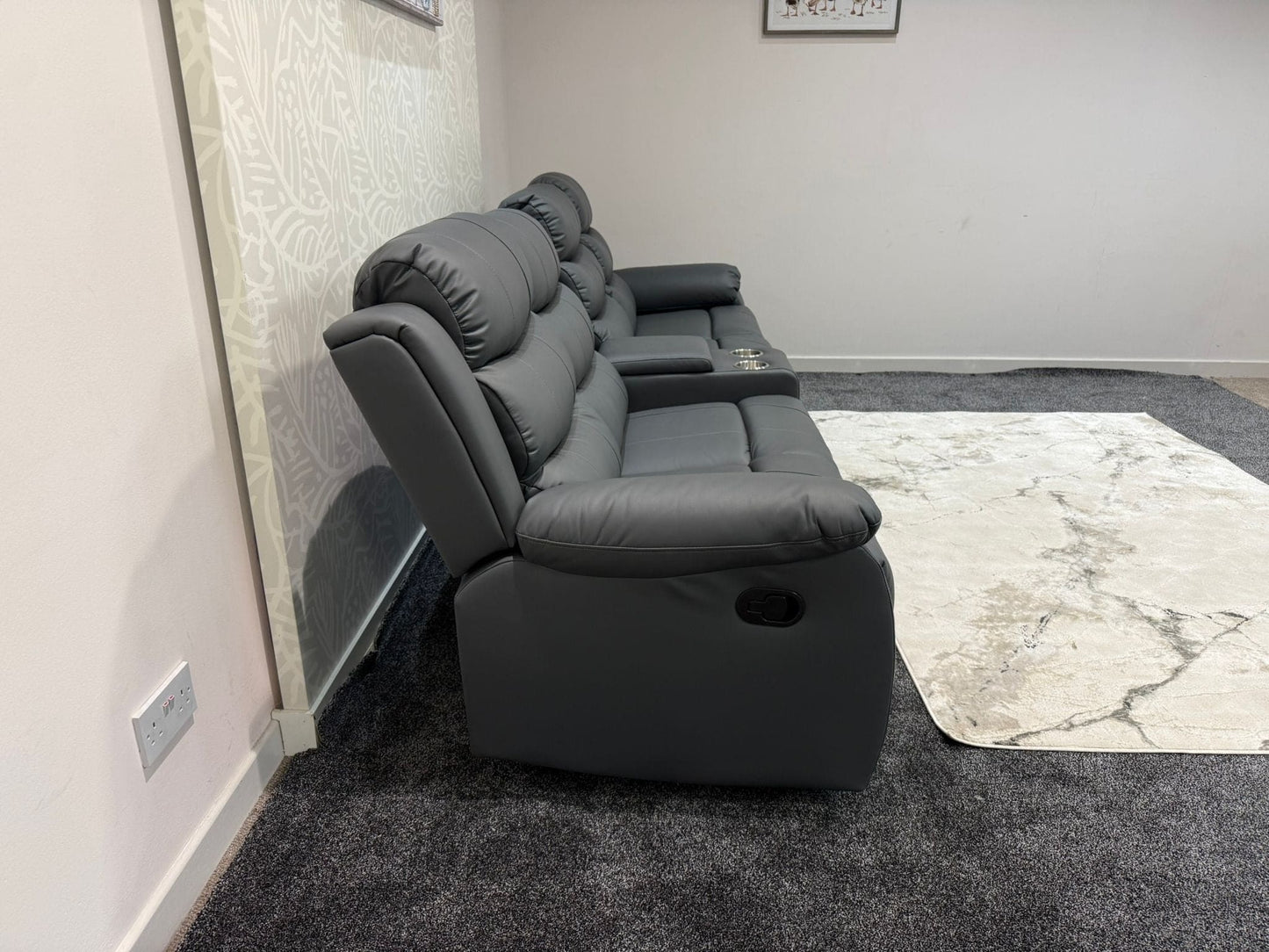 Lando Grey Leather 4 Seater Sofa With Drinks Console | Fold Down Tray Table, High Headrest & Seating Position Couch