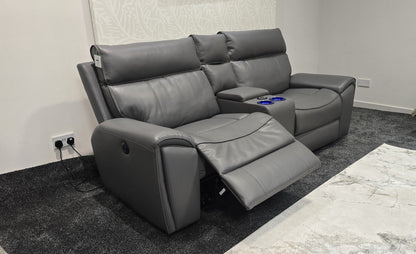 "Ronan" Cinema Sofa in Milano Grey Leather Power Recliner Complete With USB & Wireless Charging. Laf + Raf + Console