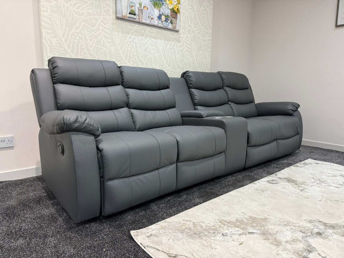 Lando Grey Leather 4 Seater Sofa With Drinks Console | Fold Down Tray Table, High Headrest & Seating Position Couch