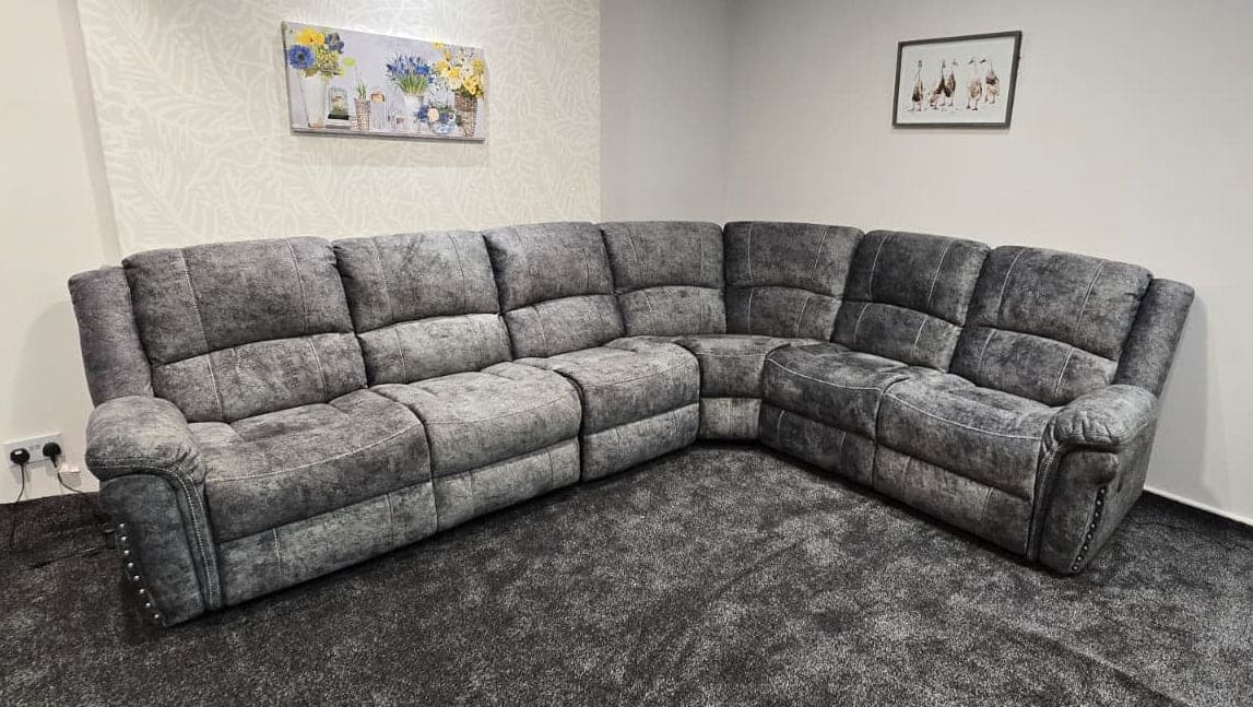 GALAXY Grey Plush Velvet Fabric Electric Reclining 3C2 Corner Sofa & USB Ports