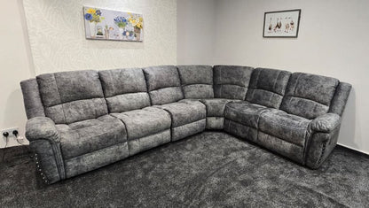 GALAXY Grey Plush Velvet Fabric Electric Reclining 3C2 Corner Sofa & USB Ports
