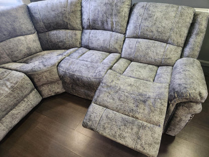 GALAXY Grey Plush Velvet Fabric Electric Reclining 2C2C Corner Sofa | Cooling Cupholders & USB Ports
