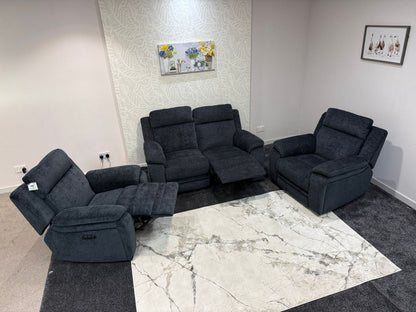"Barre" Electric / Power Reclining Grey Fabric 2 Seater Sofa + 2 Armchairs Sofa Set - USB Charging Ports