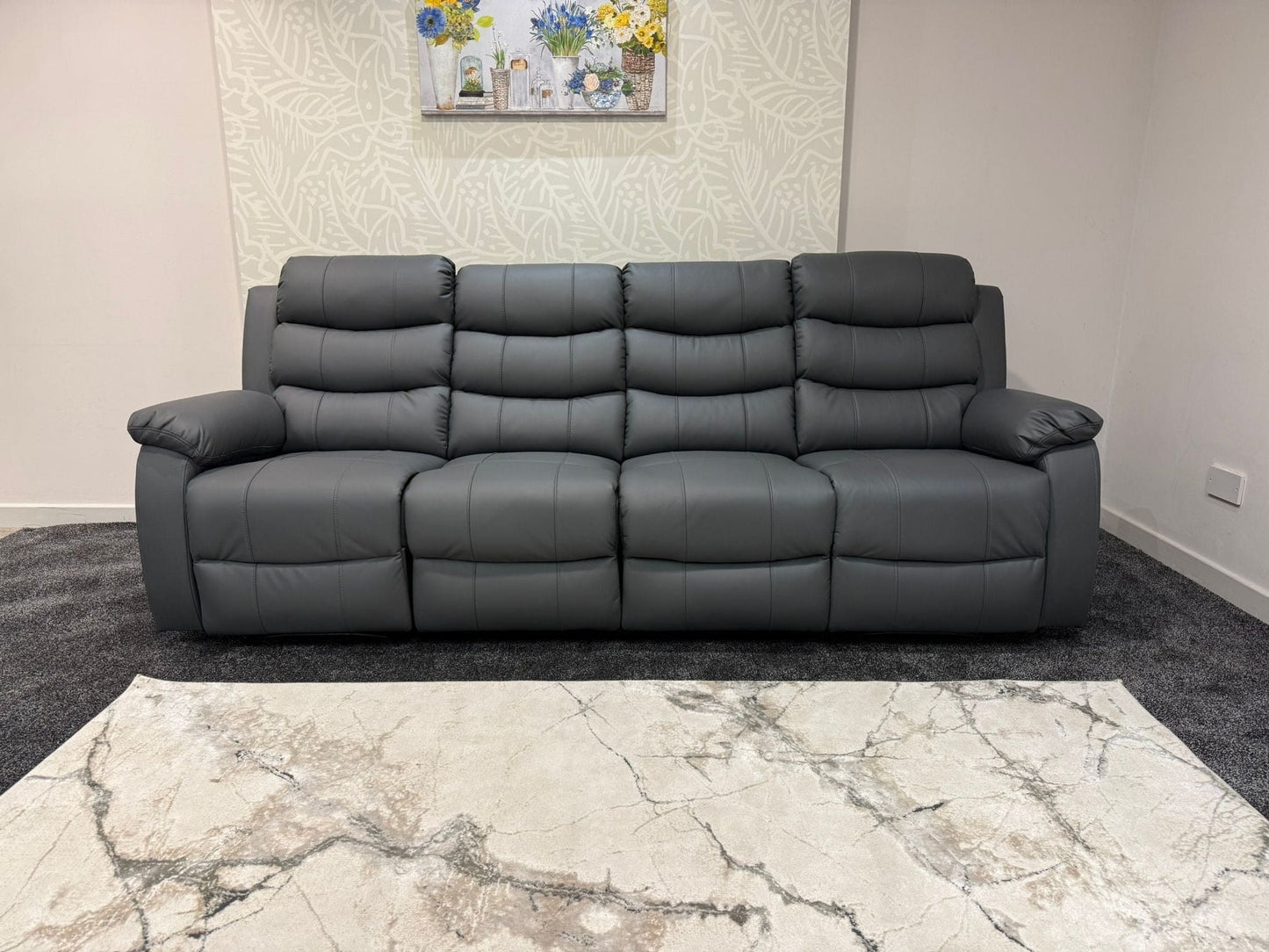 Lando Grey Leather 4 Seater Sofa | Fold Down Tray Table, High Headrest & Seating Position Couch