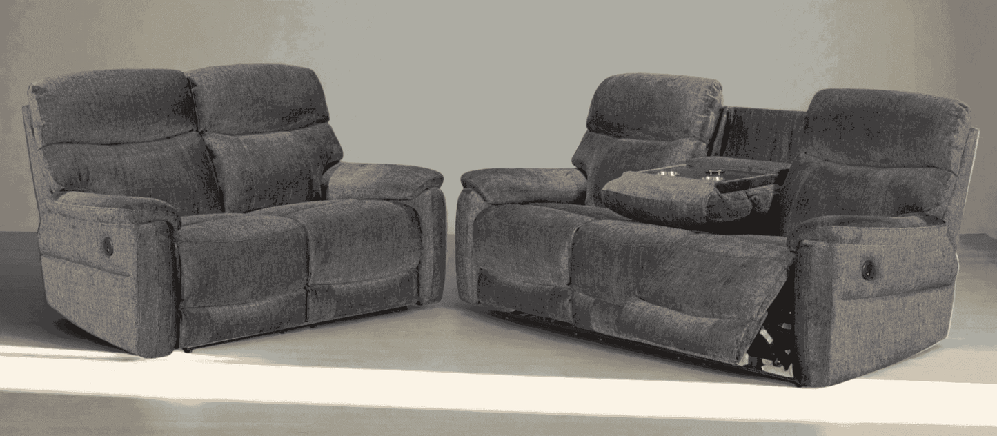 DFS Grey Aquaclean Vogue Fabric Electric Reclining Sofa Range With Fold Down Tray Table & Wireless Charger