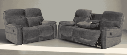 DFS Grey Aquaclean Vogue Fabric Electric Reclining Sofa Range With Fold Down Tray Table & Wireless Charger